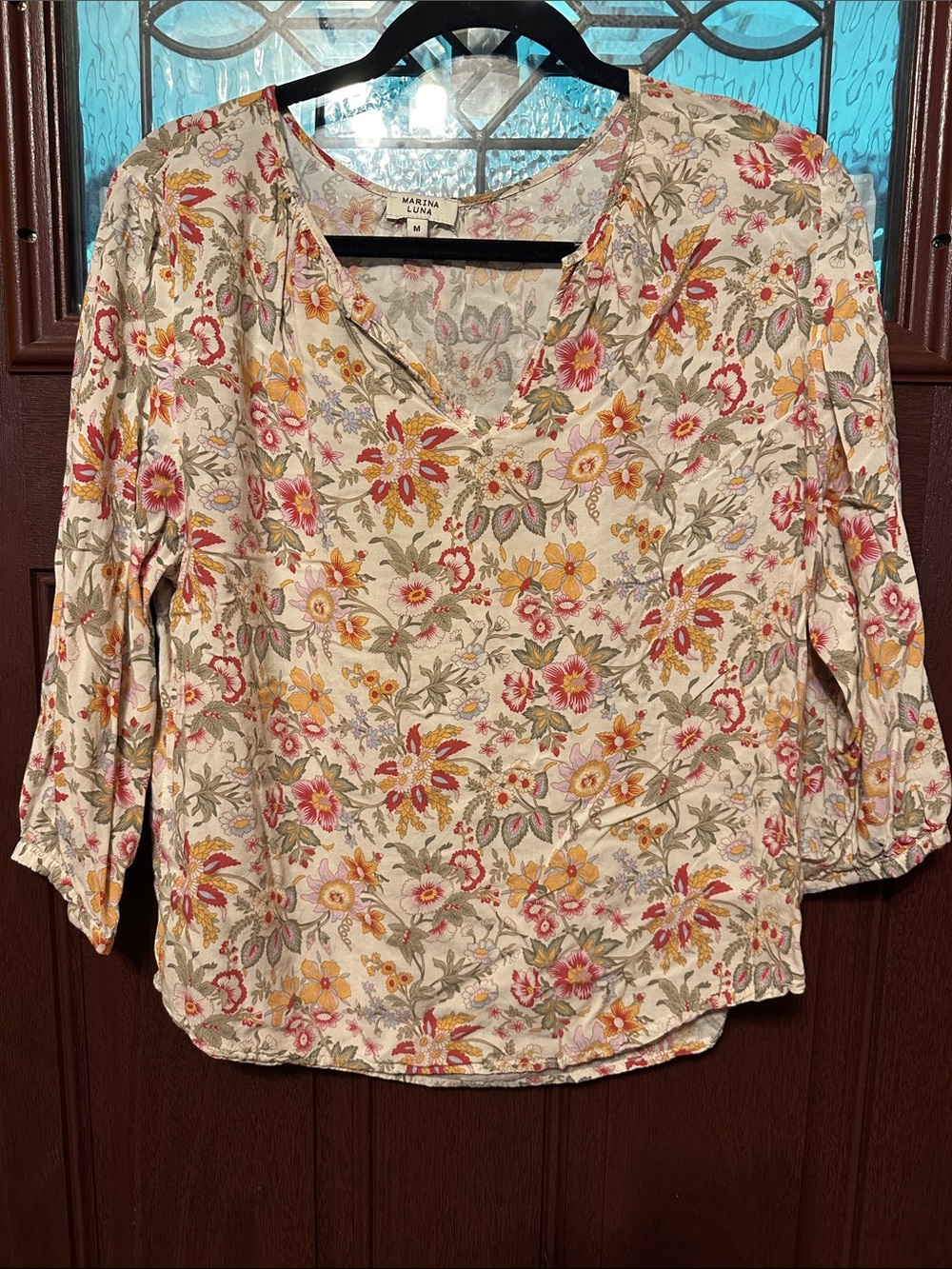 Marina Luna Cream Floral V-Neck Blouse with Pink and Yellow Flowers